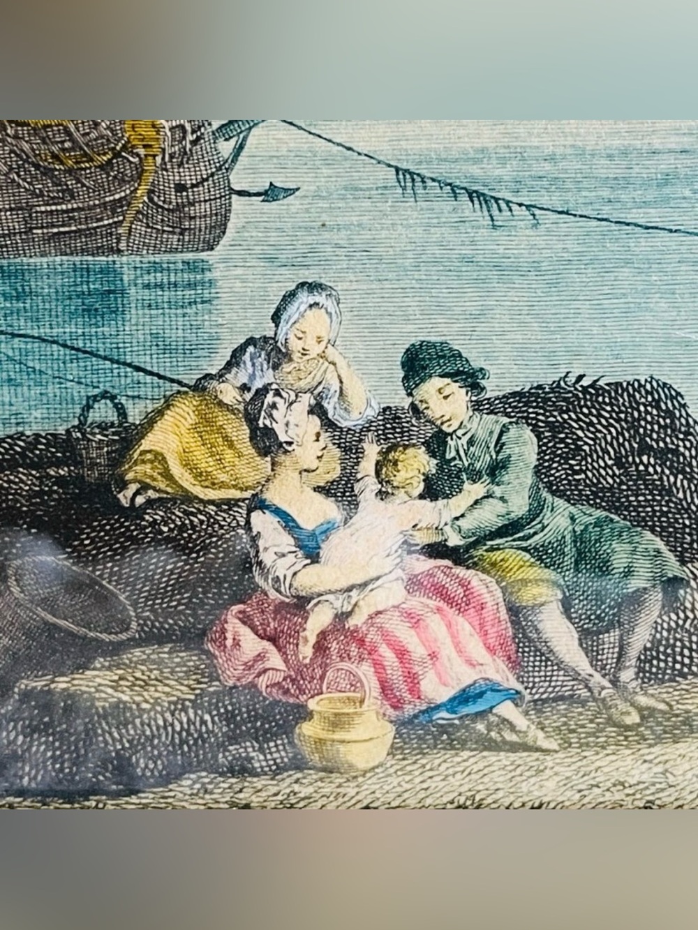 Antique French Le Delassement du Pecheur colored etching - Picture 8 of 11